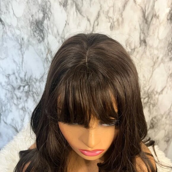 Chocolate Brown Body Wave Long Wig with bangs 24 Inch - Picture 5 of 6